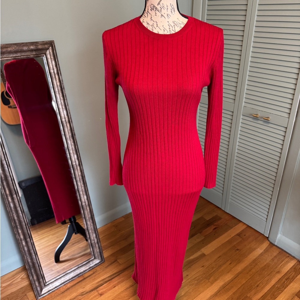 Uniqlo Red Long Sleeve Ribbed Dress